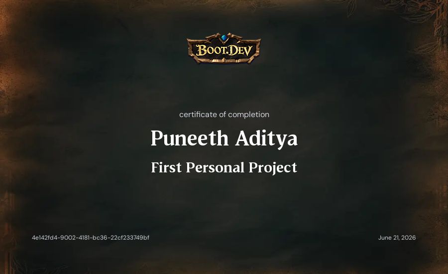 Puneeth Aditya's Boot.dev First Personal Project certificate