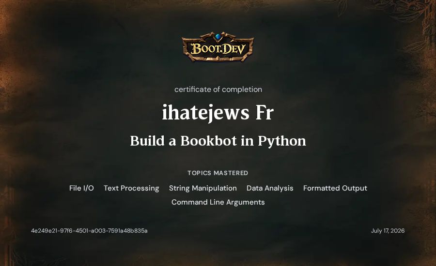ihatejews Fr's Boot.dev Build a BookBot in Python certificate