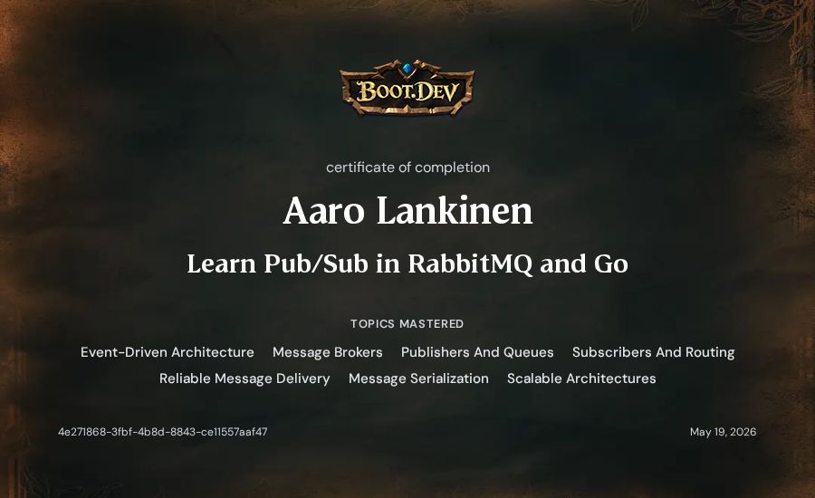 Aaro Lankinen's Boot.dev Learn Pub/Sub in RabbitMQ and Go certificate