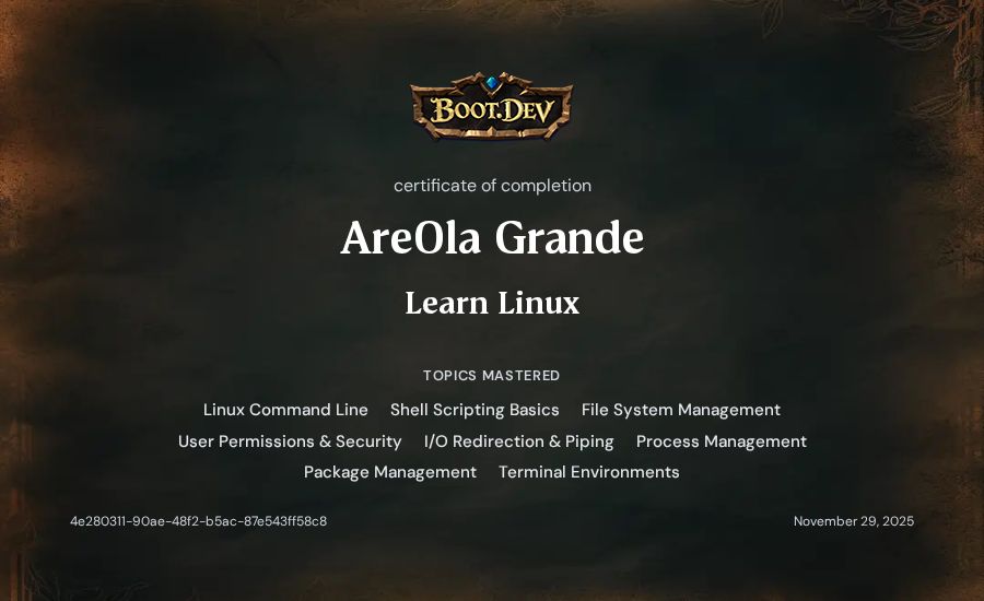 Are0la Grande's Boot.dev Learn Linux certificate