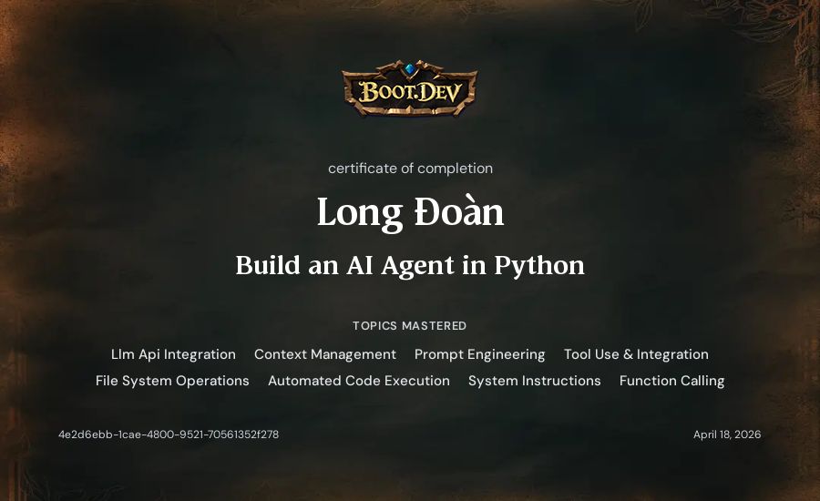 Long Đoàn's Boot.dev Build an AI Agent in Python certificate
