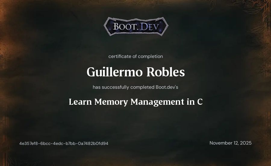 Guillermo Robles's Boot.dev Learn Memory Management in C certificate