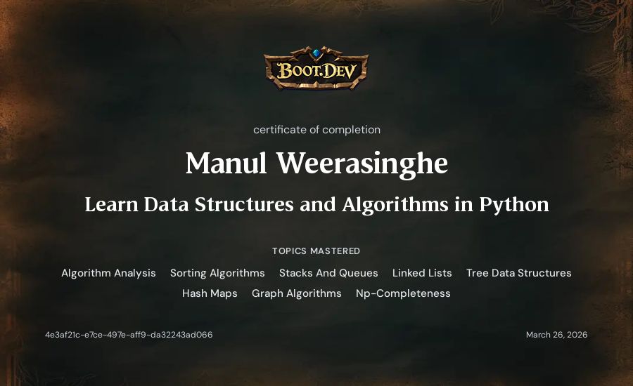 Manul Weerasinghe's Boot.dev Learn Data Structures and Algorithms in Python certificate