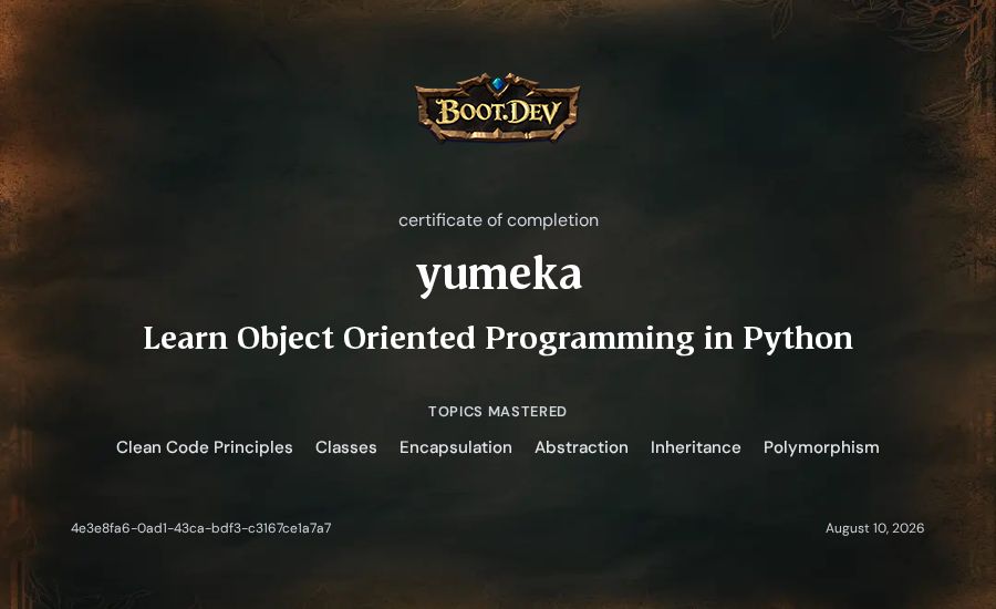 yumeka's Boot.dev Learn Object Oriented Programming in Python certificate
