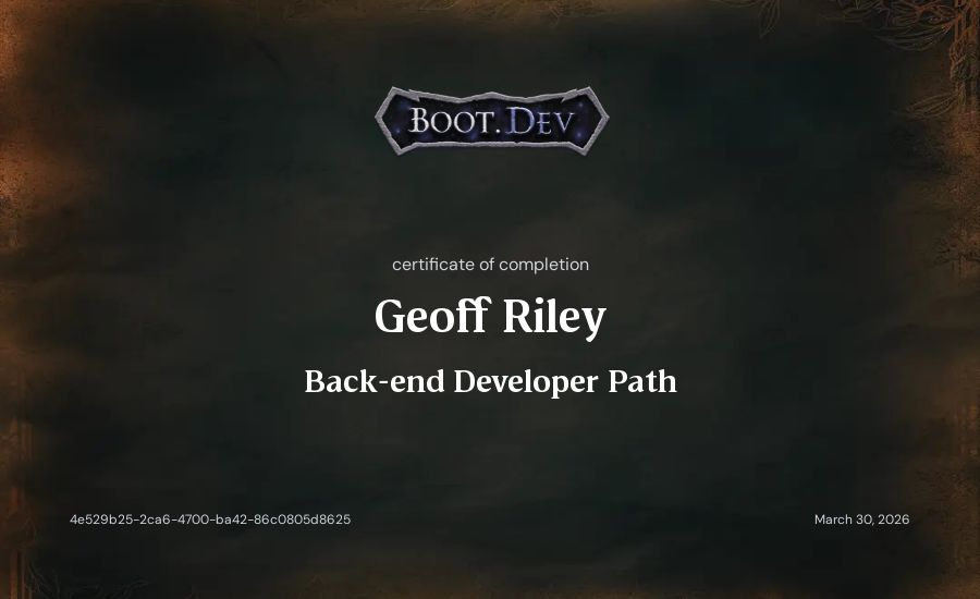 Geoff Riley's Boot.dev Back-end Developer Path certificate