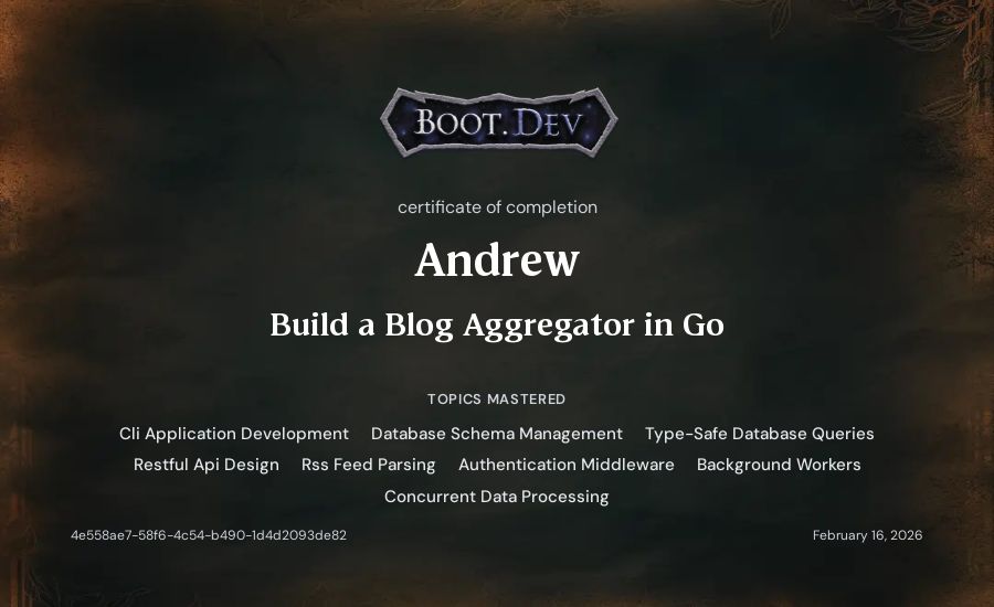 Andrew's Boot.dev Build a Blog Aggregator in Go certificate