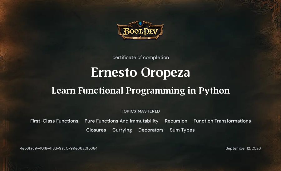 Ernesto Oropeza's Boot.dev Learn Functional Programming in Python certificate