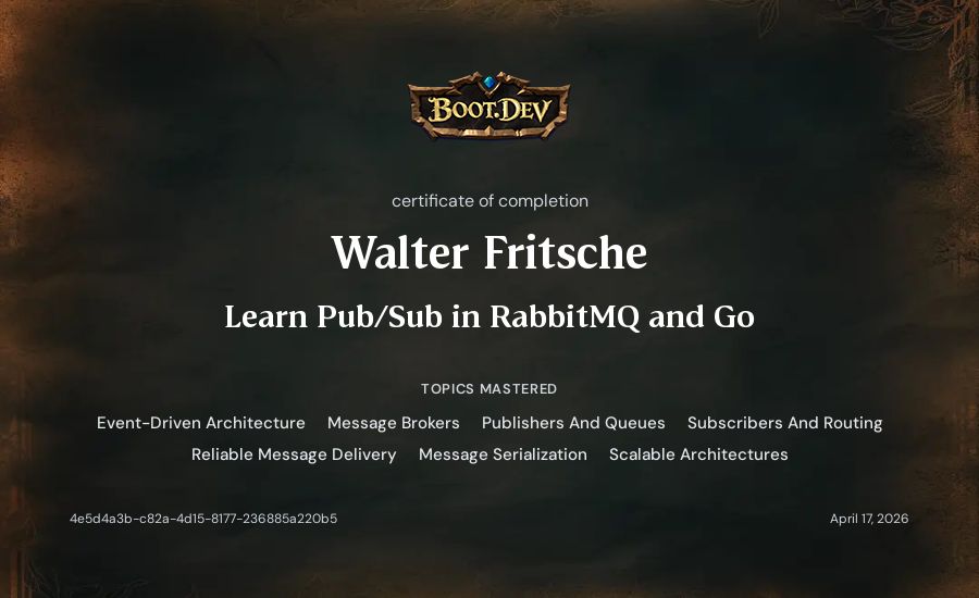 Walter Fritsche's Boot.dev Learn Pub/Sub in RabbitMQ and Go certificate