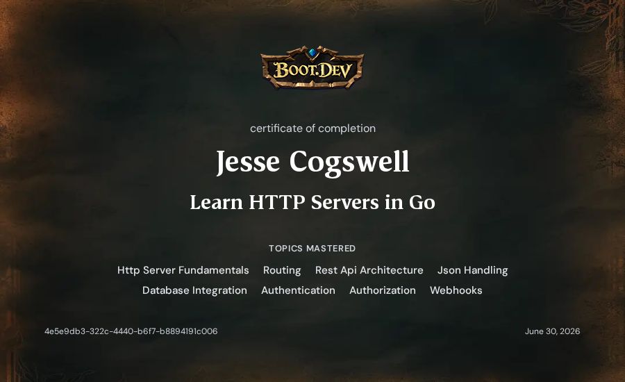 Jesse Cogswell's Boot.dev Learn HTTP Servers in Go certificate