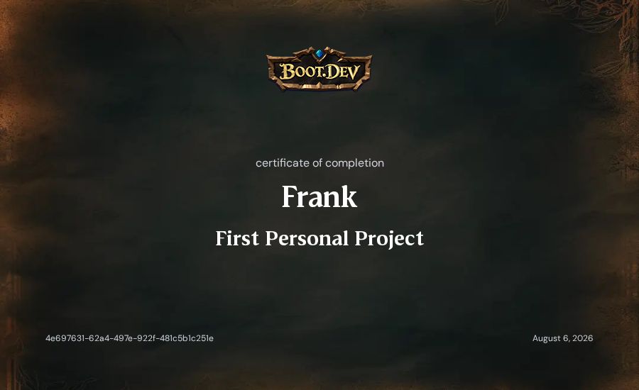 Frank's Boot.dev First Personal Project certificate