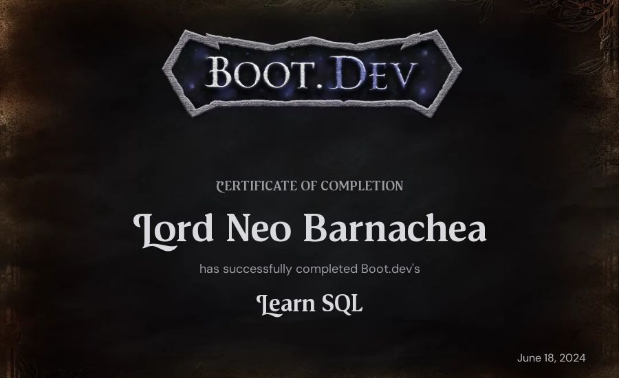 Lord Neo Barnachea's Boot.dev Learn SQL certificate