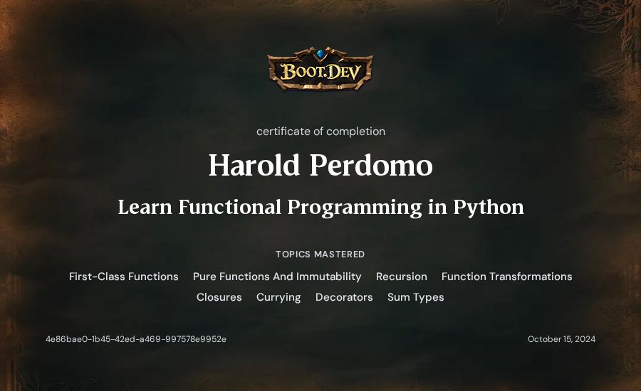 Harold Perdomo's Boot.dev Learn Functional Programming in Python certificate