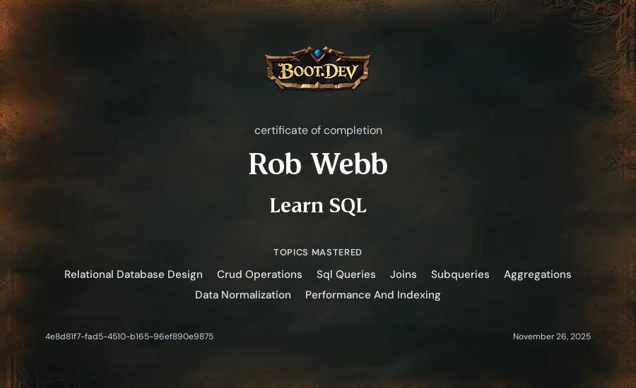 Rob Webb's Boot.dev Learn SQL certificate