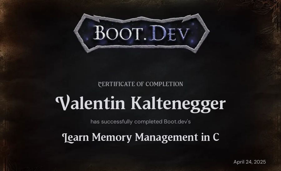 Valentin Kaltenegger's Boot.dev Learn Memory Management in C certificate
