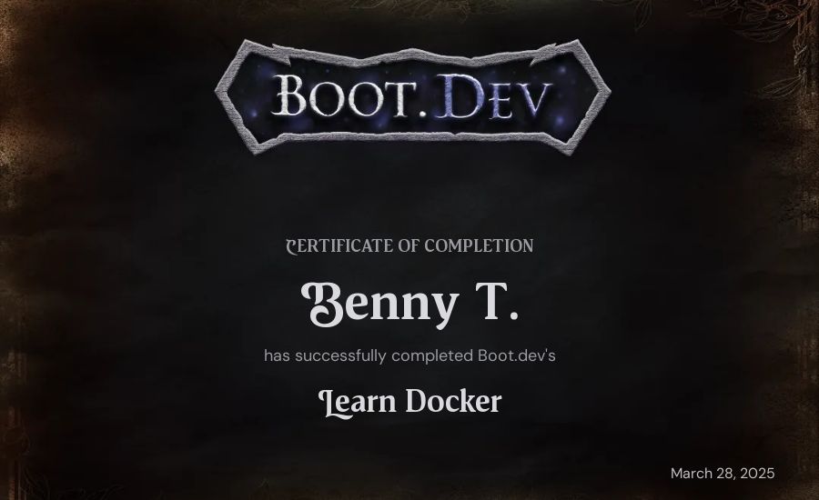Benny T.'s Boot.dev Learn Docker certificate