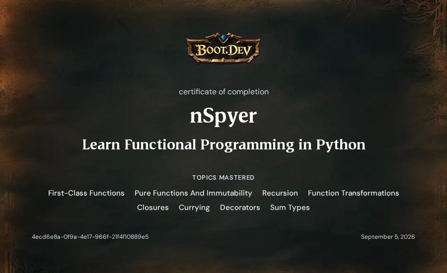 nSpyer's Boot.dev Learn Functional Programming in Python certificate
