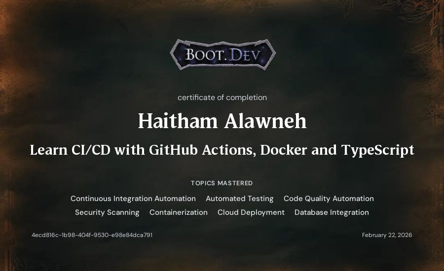 Haitham Alawneh's Boot.dev Learn CI/CD with GitHub Actions, Docker and TypeScript certificate