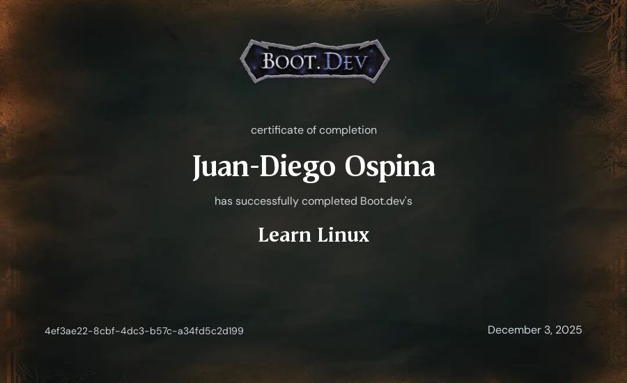 Juan-Diego Ospina's Boot.dev Learn Linux certificate