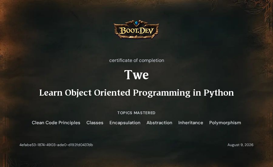 Twe's Boot.dev Learn Object Oriented Programming in Python certificate
