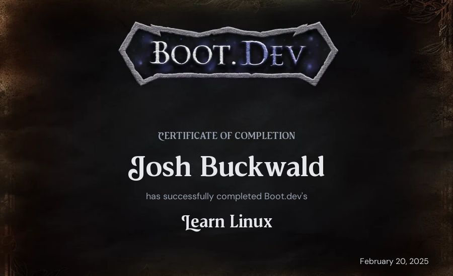 Josh Buckwald's Boot.dev Learn Linux certificate