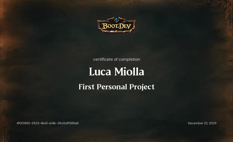 Luca Miolla's Boot.dev First Personal Project certificate