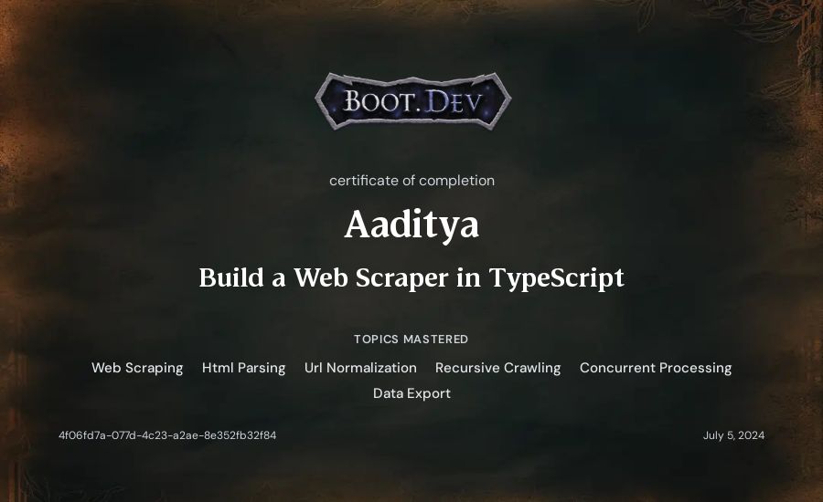 Aaditya's Boot.dev Build a Web Scraper in TypeScript certificate