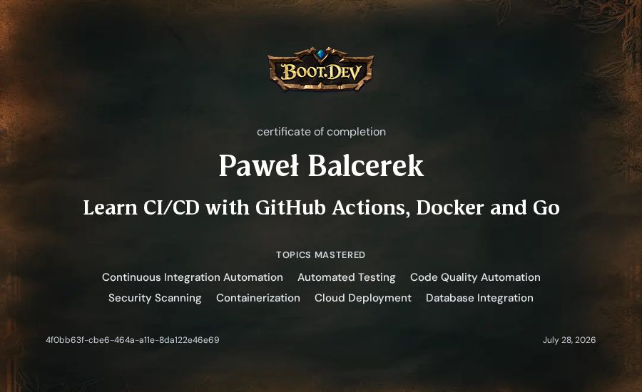 Paweł Balcerek's Boot.dev Learn CI/CD with GitHub Actions, Docker and Go certificate