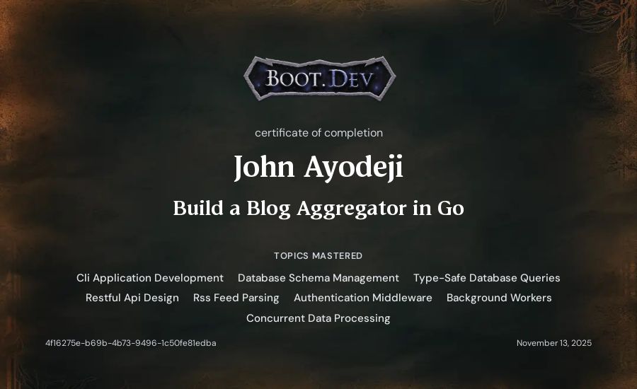 John Ayodeji's Boot.dev Build a Blog Aggregator in Go certificate