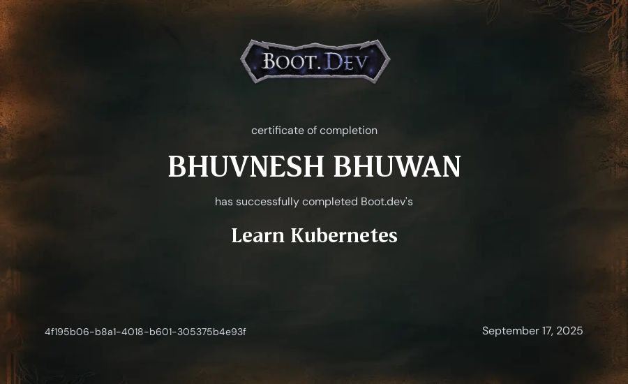 Bhuvnesh Bhuwan's Boot.dev Learn Kubernetes certificate