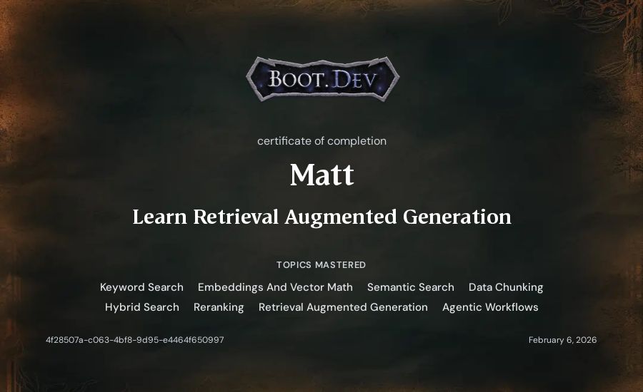 Matt's Boot.dev Learn Retrieval Augmented Generation certificate