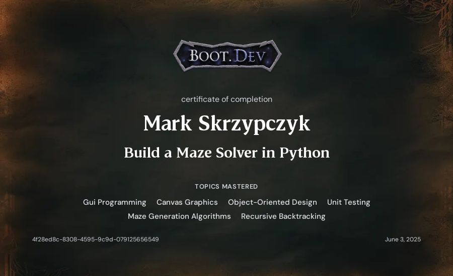 Mark Skrzypczyk's Boot.dev Build a Maze Solver in Python certificate