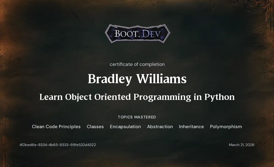 Bradley Williams's Boot.dev Learn Object Oriented Programming in Python certificate