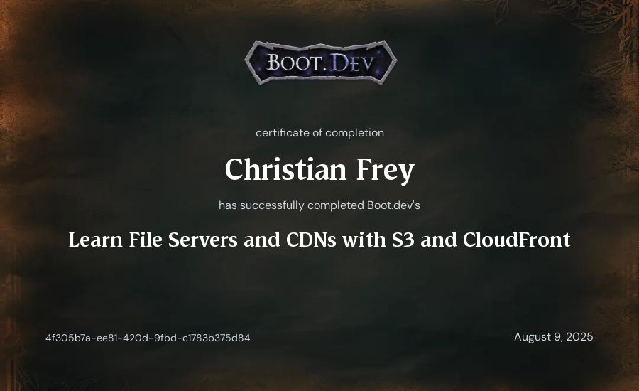 Christian Frey's Boot.dev Learn File Servers and CDNs with S3 and CloudFront certificate