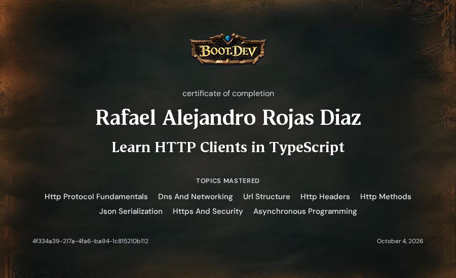 Rafael Alejandro Rojas Diaz's Boot.dev Learn HTTP Clients in TypeScript certificate