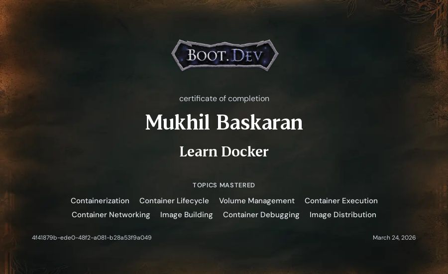 Mukhil Baskaran's Boot.dev Learn Docker certificate