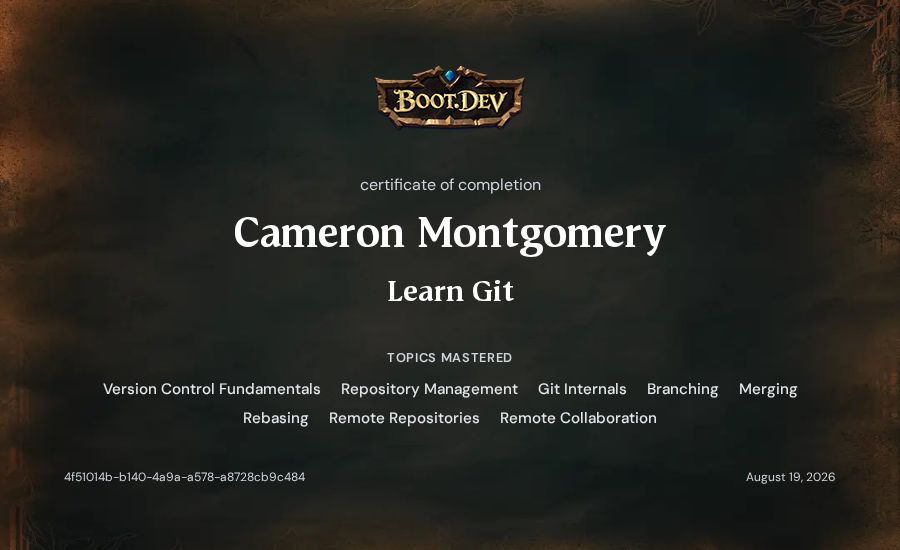 Cameron Montgomery's Boot.dev Learn Git certificate