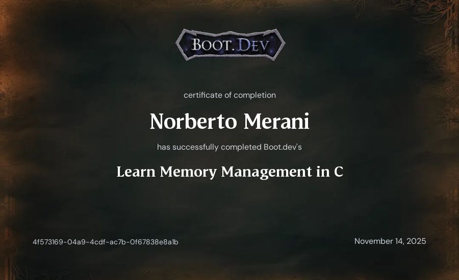Norberto Merani's Boot.dev Learn Memory Management in C certificate