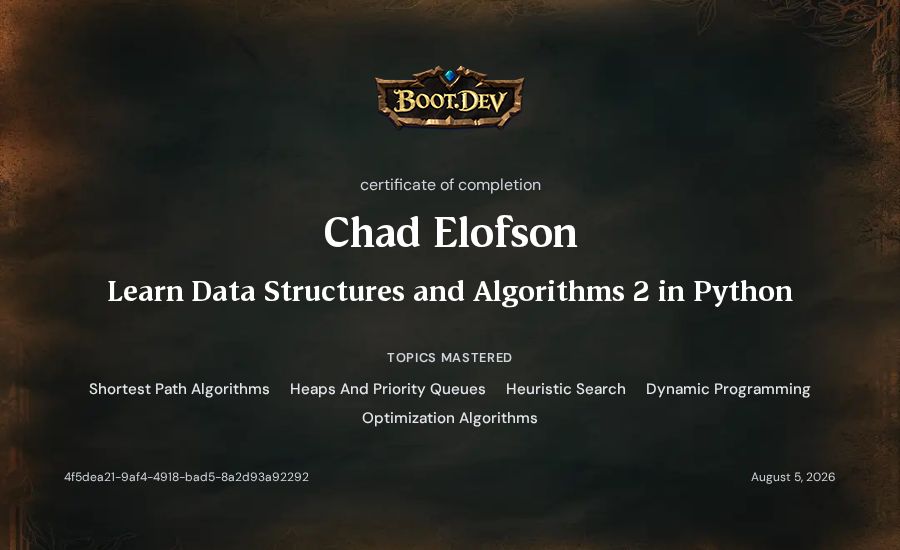 Chad Elofson's Boot.dev Learn Data Structures and Algorithms 2 in Python certificate