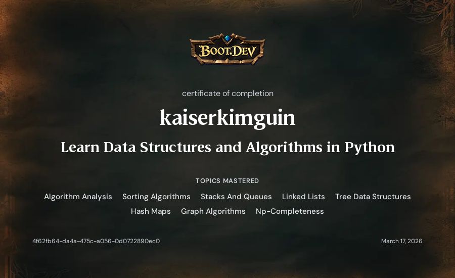 kaiserkimguin's Boot.dev Learn Data Structures and Algorithms in Python certificate