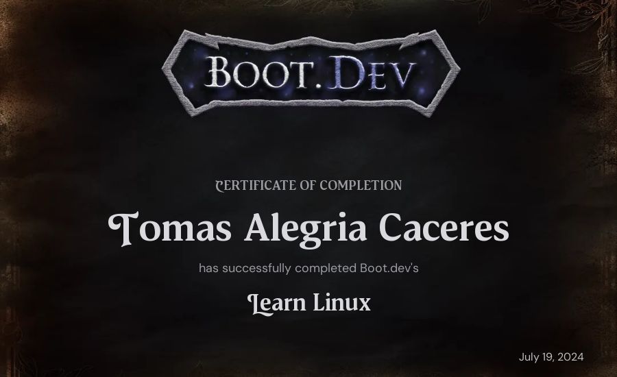 Tomas Alegria Caceres's Boot.dev Learn Linux certificate