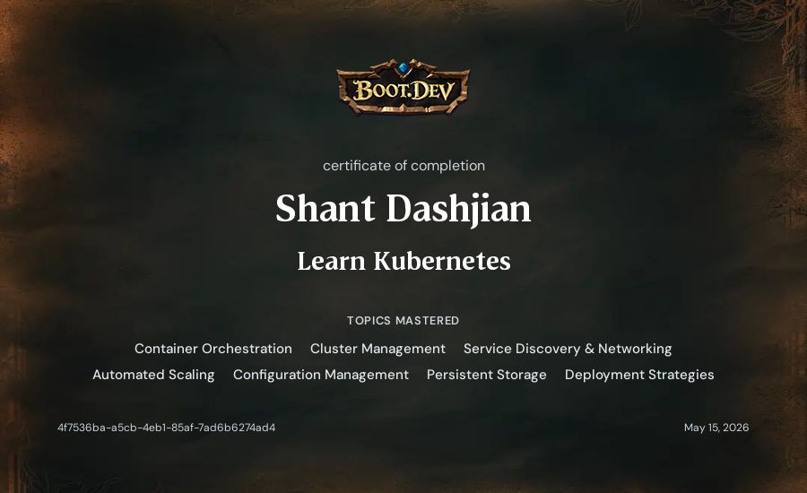 Shant Dashjian's Boot.dev Learn Kubernetes certificate