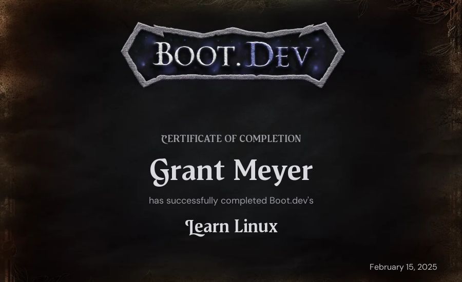 Grant Meyer's Boot.dev Learn Linux certificate