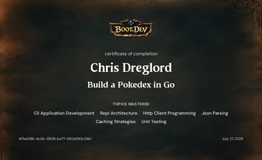 Fever Dreglord's Boot.dev Build a Pokedex in Go certificate