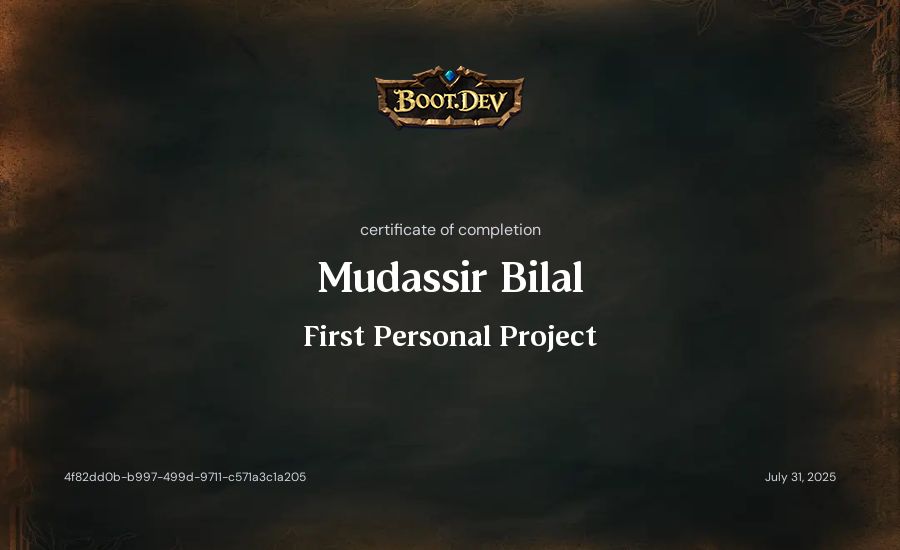 Mudassir Bilal's Boot.dev First Personal Project certificate