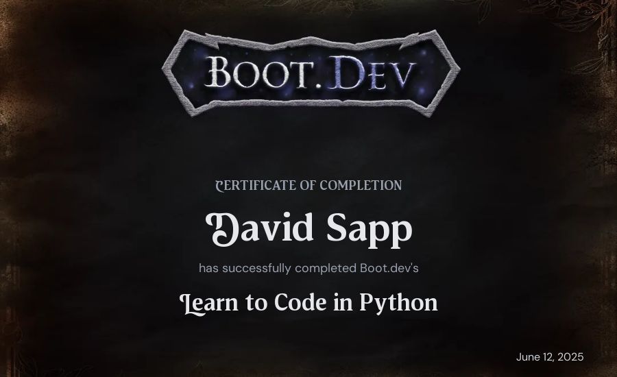 David Sapp's Boot.dev Introduction to Python Course certificate