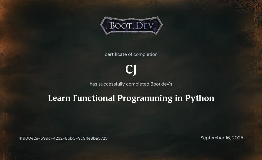 CJ's Boot.dev Learn Functional Programming in Python certificate