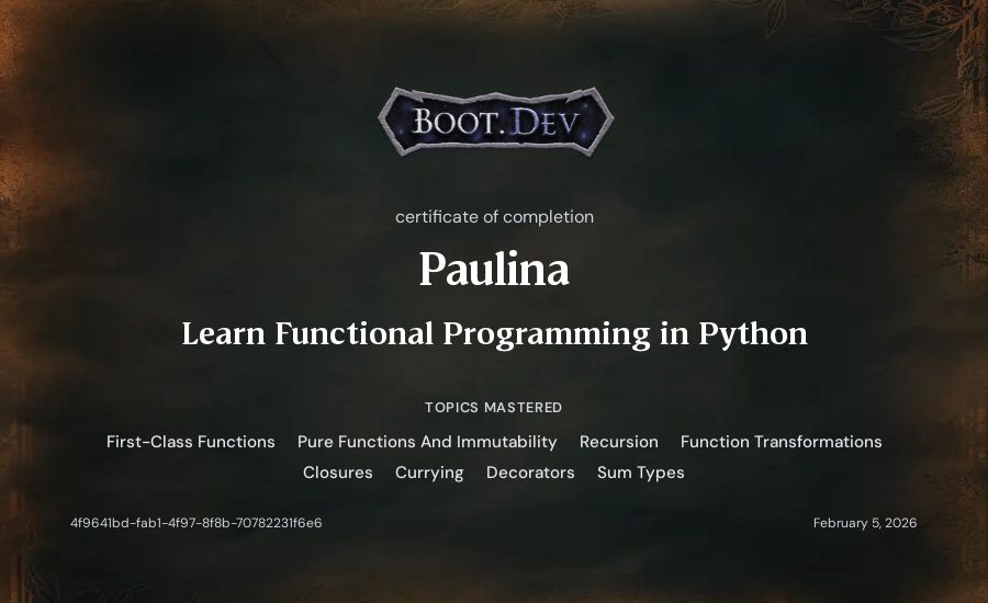 Paulina's Boot.dev Learn Functional Programming in Python certificate