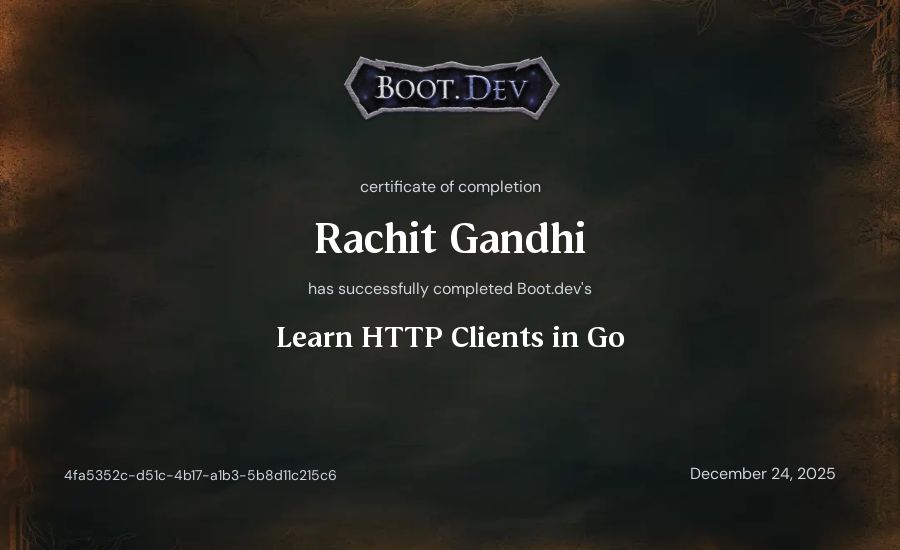 Rachit Gandhi's Boot.dev Learn HTTP Clients in Go certificate