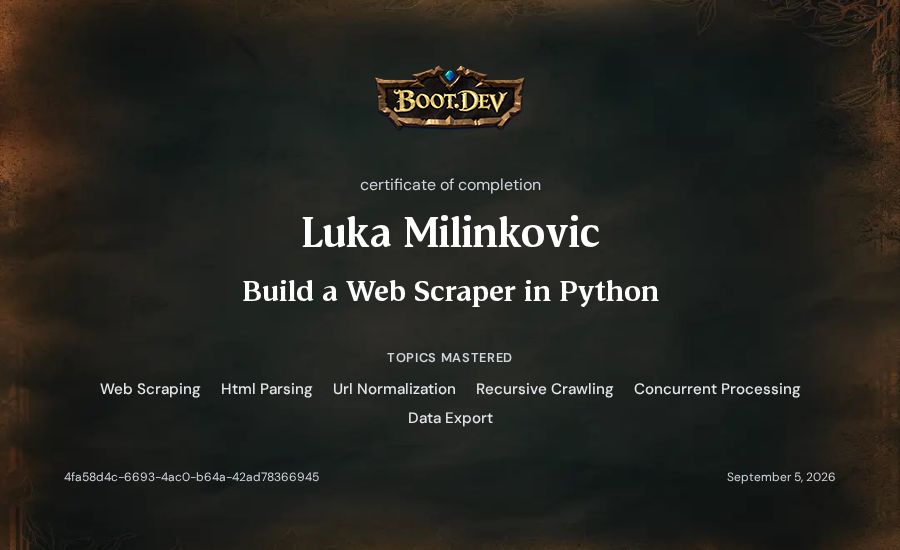 Luka Milinkovic's Boot.dev Build a Web Scraper in Python certificate
