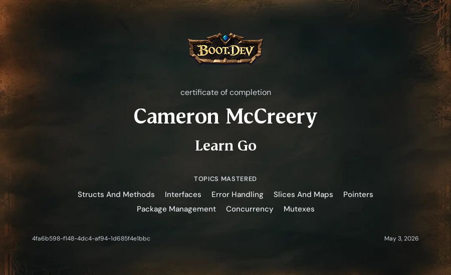 Cameron McCreery's Boot.dev Learn Go certificate